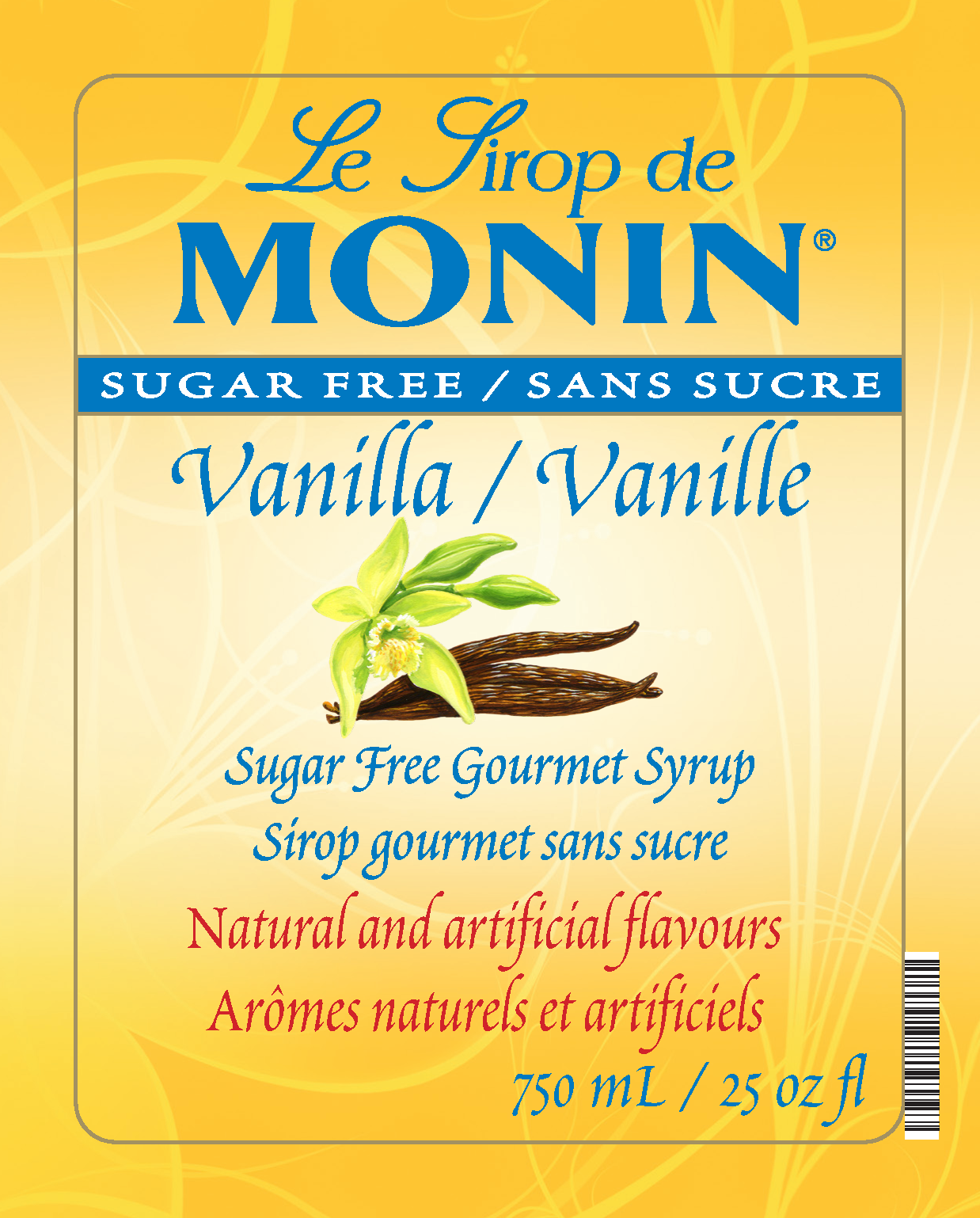 A 750mL bottle label of Monin Sugar Free Vanilla Syrup (Vanille Sans Sucre), featuring the brand name and flavour, placed against a white background