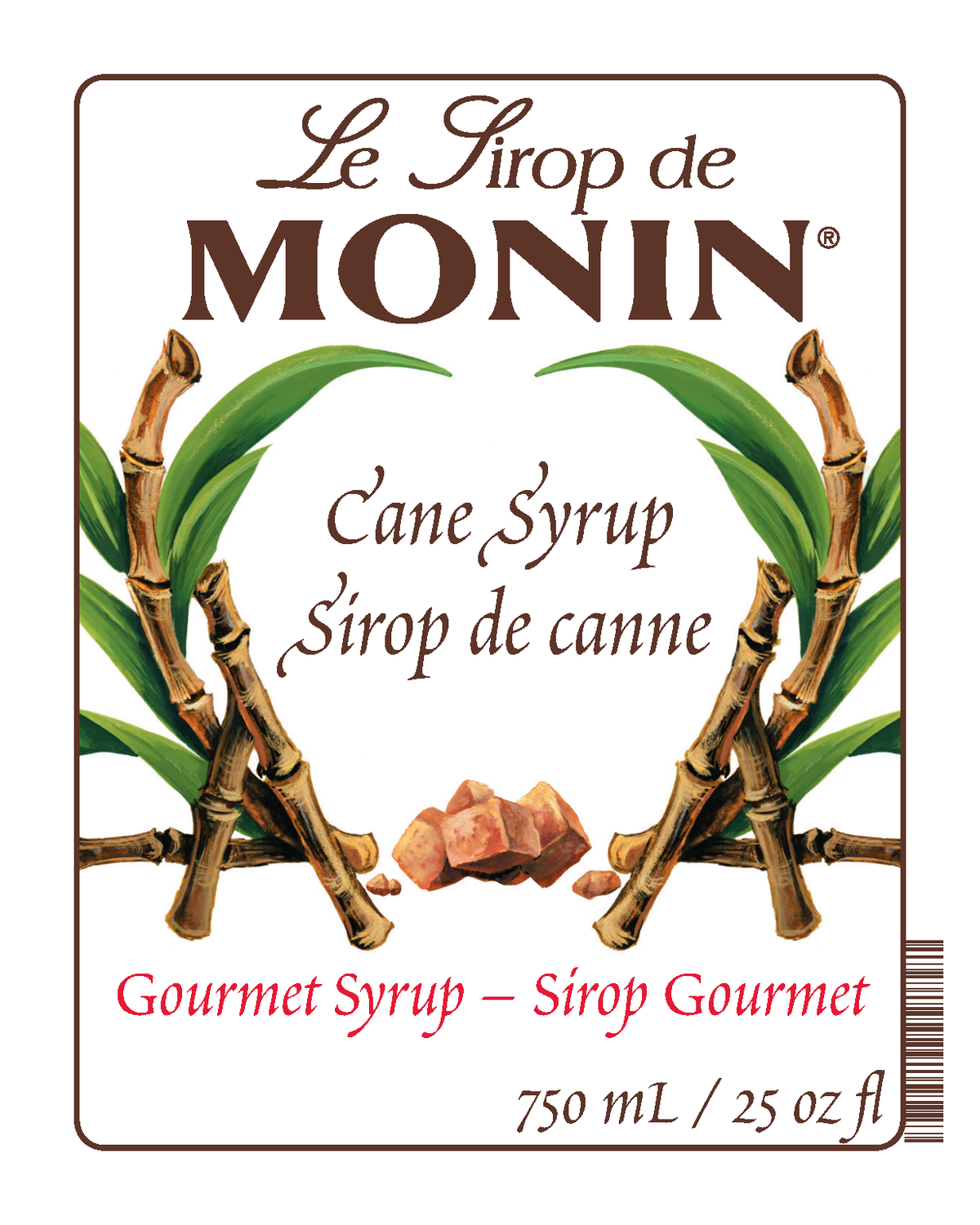 A 750mL bottle label of Monin Cane Syrup (Sirop de Canne), featuring the brand name and flavour, placed against a white background.