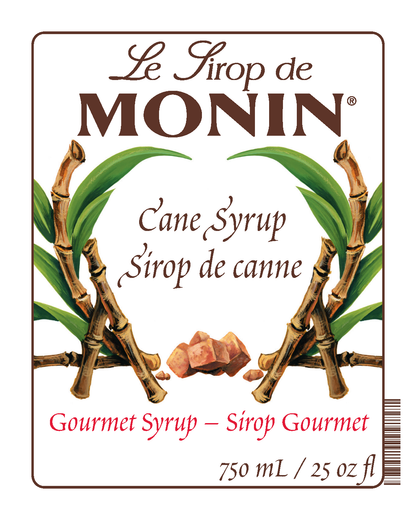 A 750mL bottle label of Monin Cane Syrup (Sirop de Canne), featuring the brand name and flavour, placed against a white background.