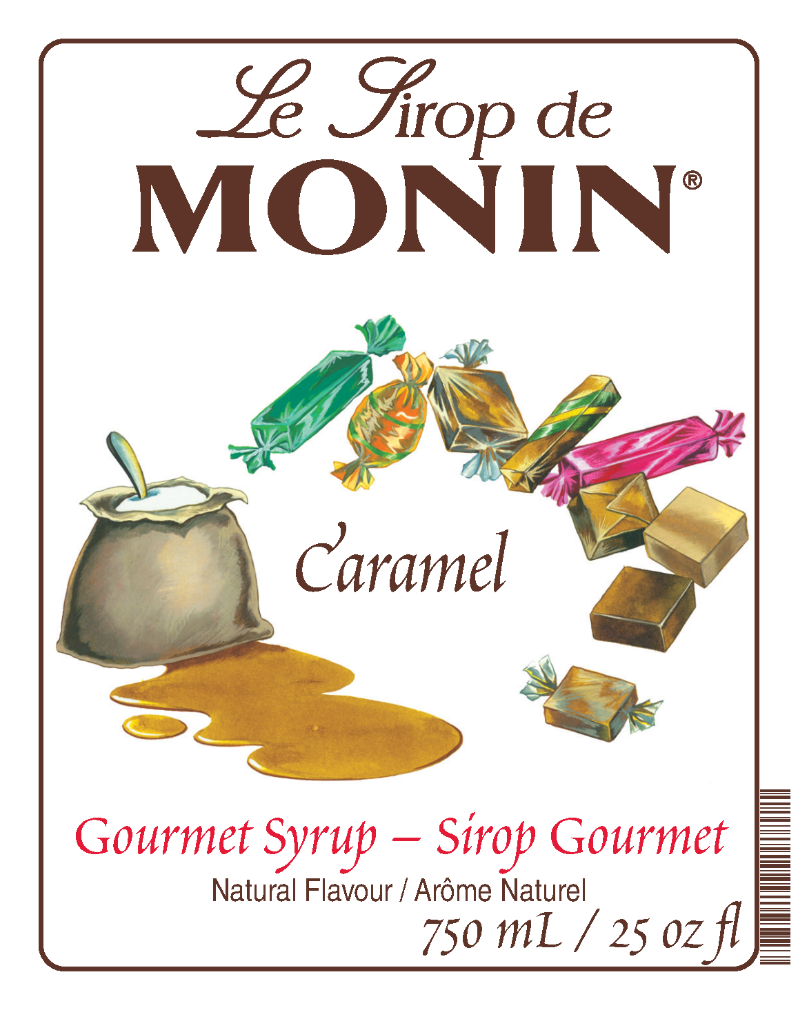 A 750mL bottle label of Monin Caramel Syrup, featuring the brand name and flavour, placed against a white background. 