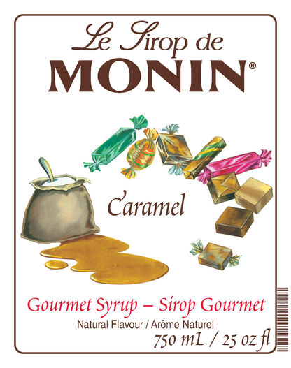 A 750mL bottle label of Monin Caramel Syrup, featuring the brand name and flavour, placed against a white background. 