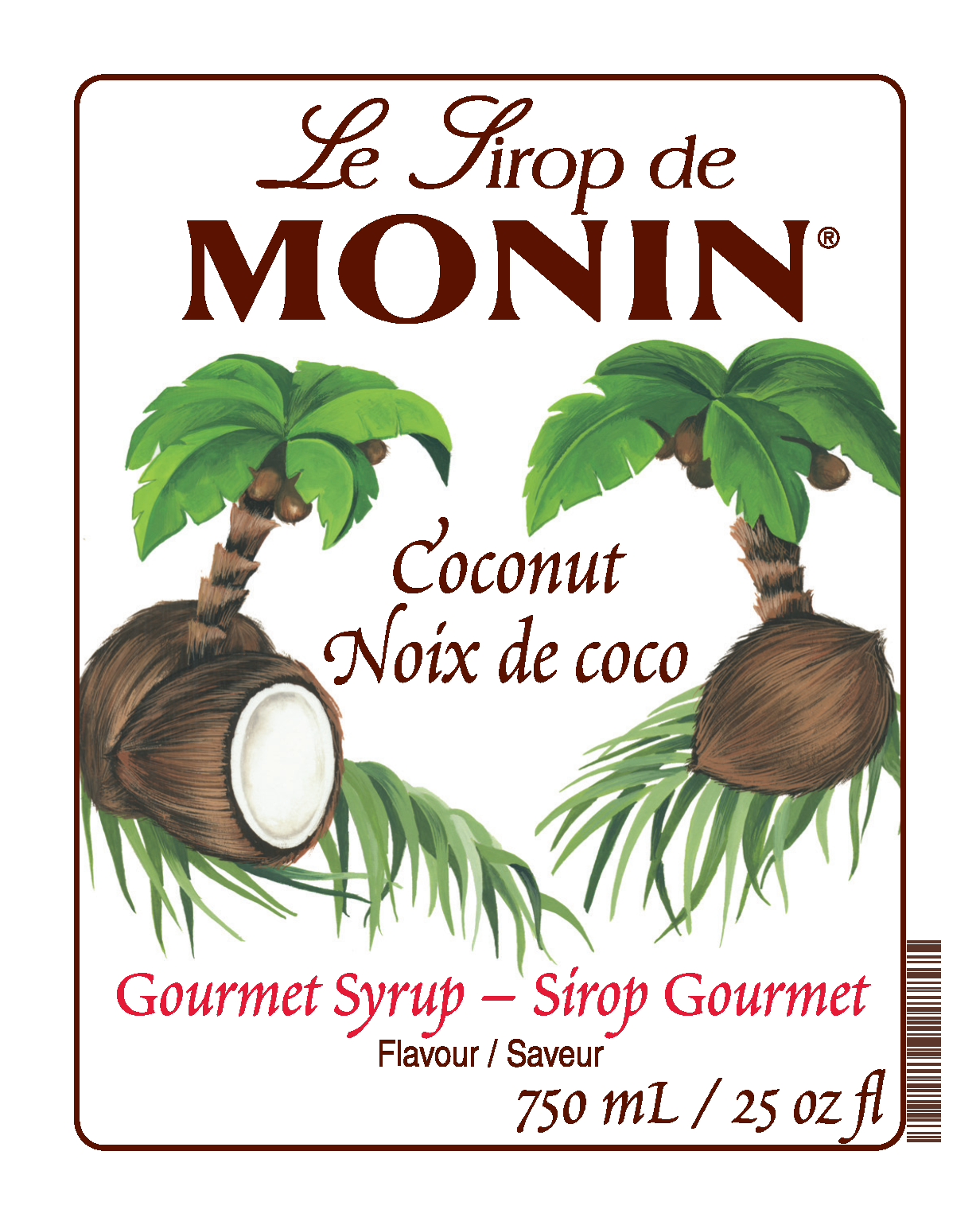 A 750mL bottle label of Monin Coconut Syrup (Noix de coco), featuring the brand name and flavour, placed against a white background.