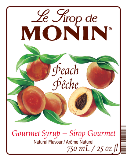 A 750mL bottle label of Monin Peach Syrup (Peche), featuring the brand name and flavour, placed against a white background