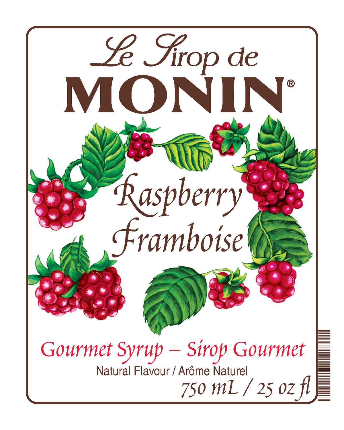 A 750mL bottle label of Monin Raspberry Syrup (Framboise), featuring the brand name and flavour, placed against a white background.