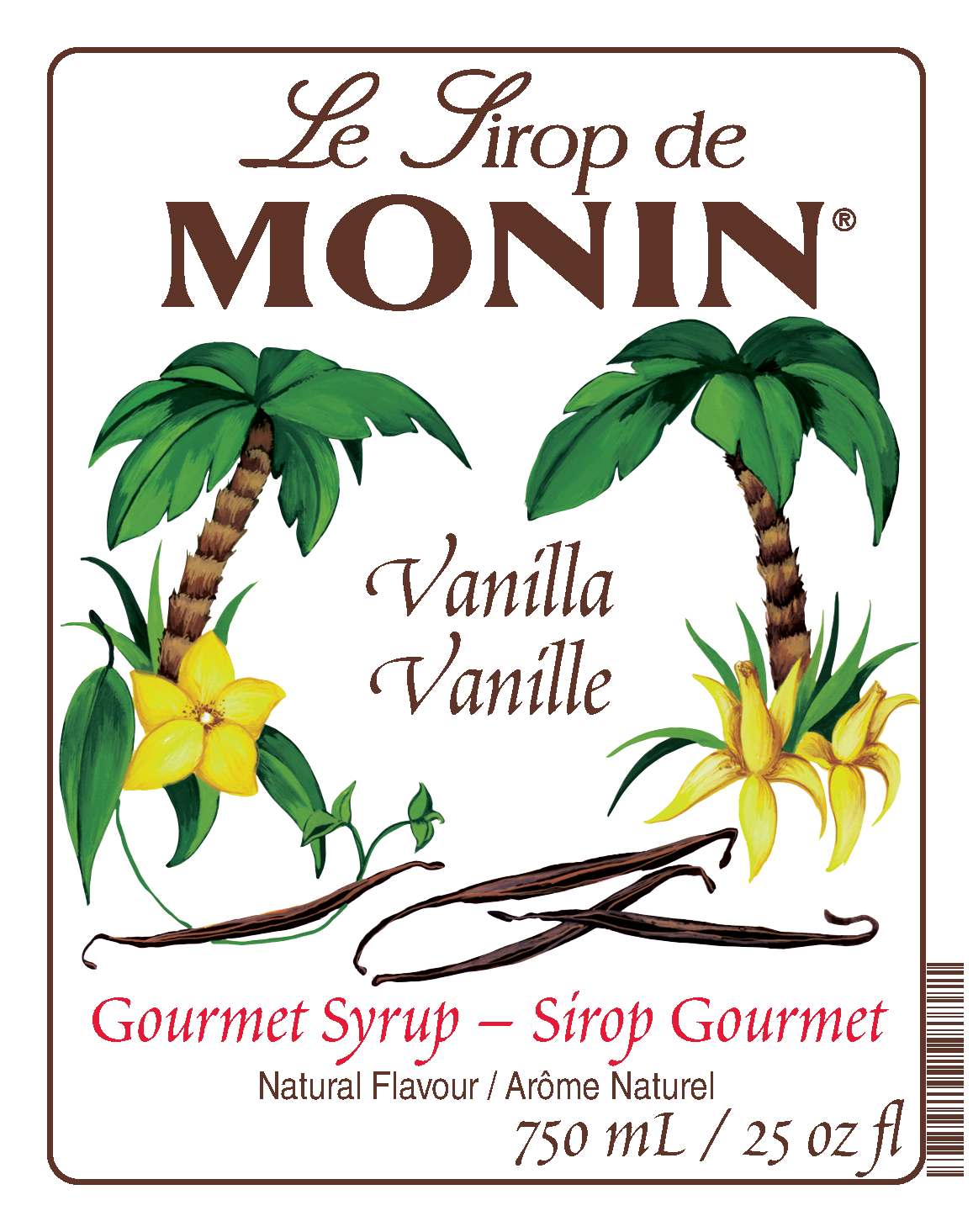A 750mL bottle label of Monin Vanilla Syrup (Vanille), featuring the brand name and flavour, placed against a white background