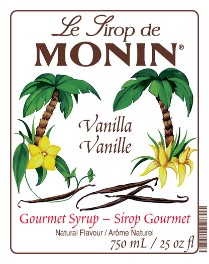 A 750mL bottle label of Monin Vanilla Syrup (Vanille), featuring the brand name and flavour, placed against a white background