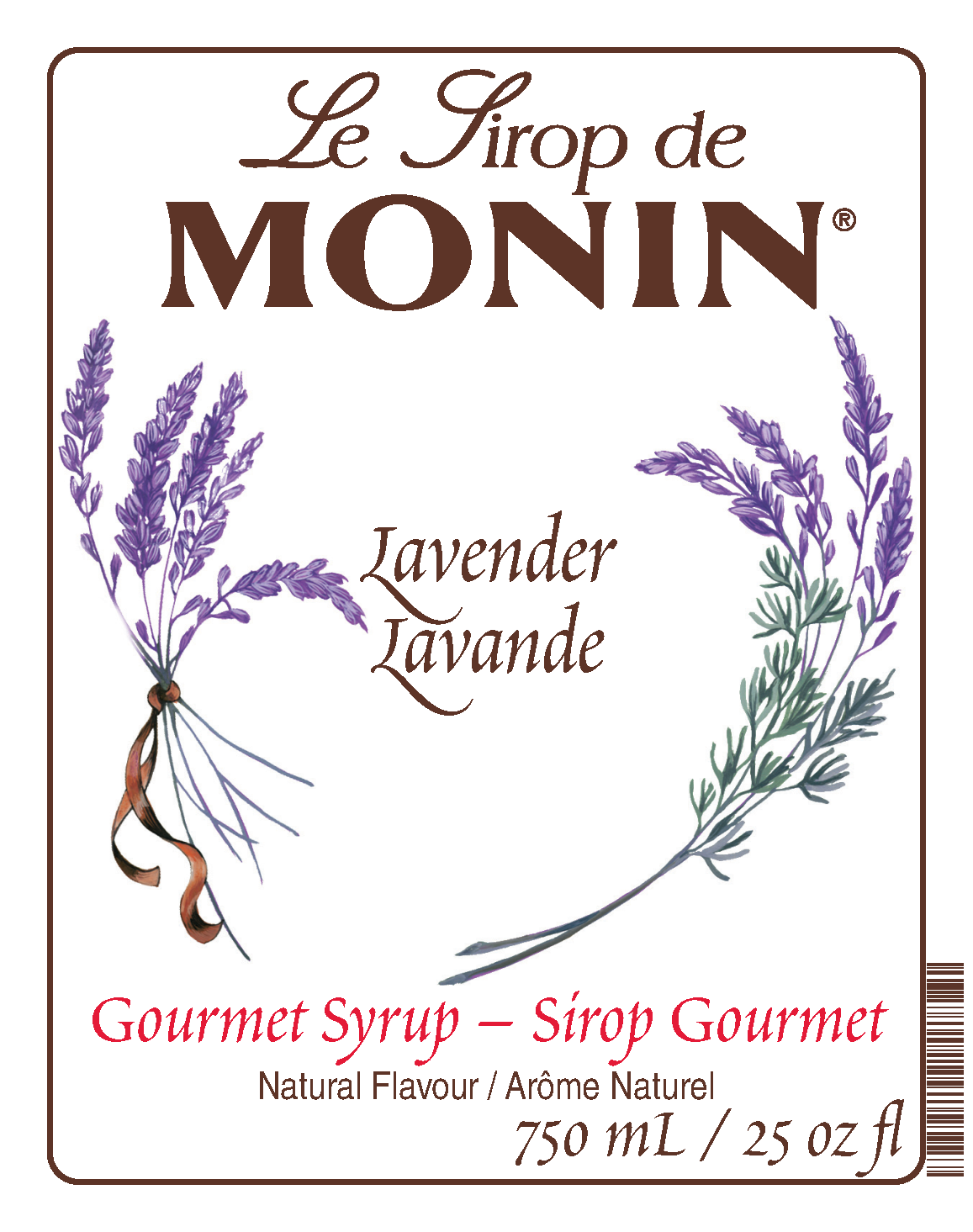 Front label of Monin Lavender Syrup, showing the brand name, flavour 'Lavender Lavande,' and botanical lavender illustrations on a white background.