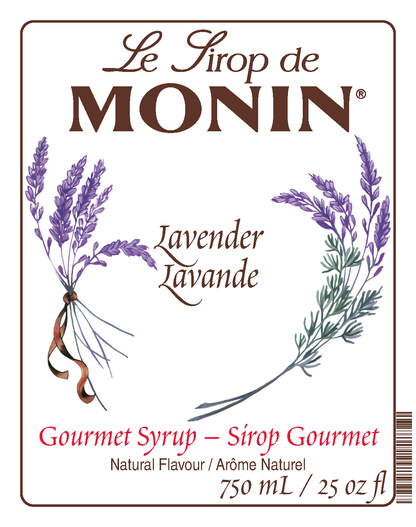 Front label of Monin Lavender Syrup, showing the brand name, flavour 'Lavender Lavande,' and botanical lavender illustrations on a white background.