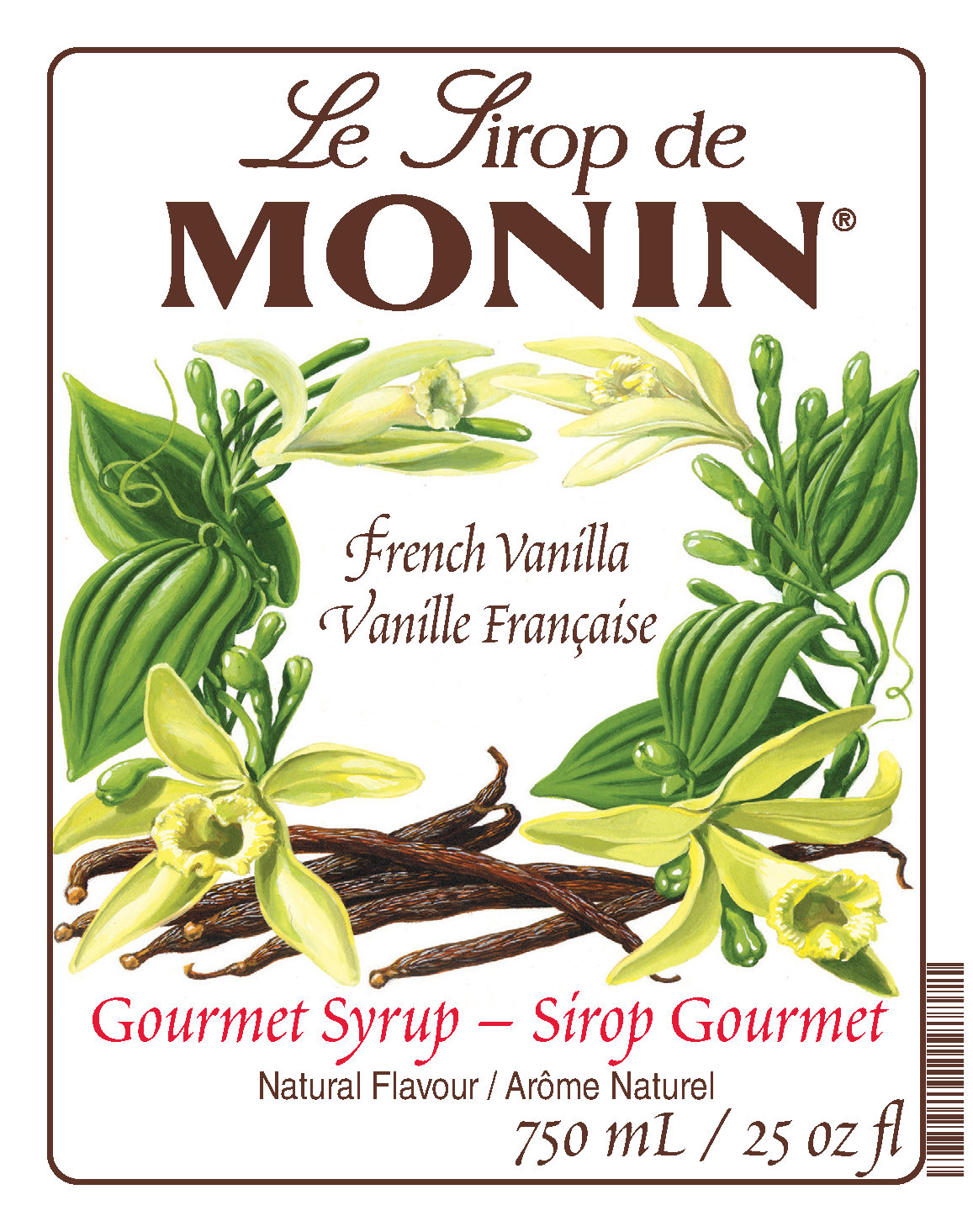 Front label of Monin French Vanilla Syrup, showing vanilla flowers, vanilla pods, and vanilla beans on a white background with brown and red text.