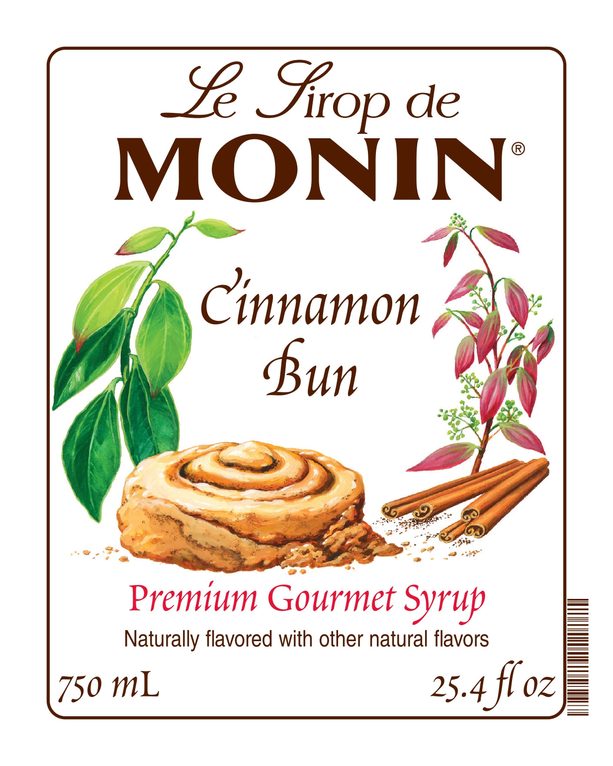 Le Sirop de Monin Cinnamon Bun syrup label with cinnamon bun illustration and branding.
