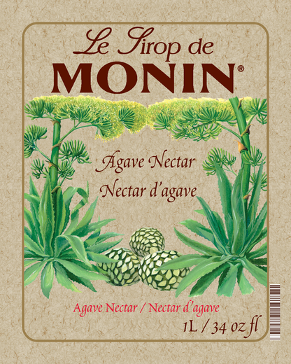 A 1L bottle label of Monin Organic Agave Nectar (Nectar d'agave), featuring the brand name and flavour, placed against a white background.