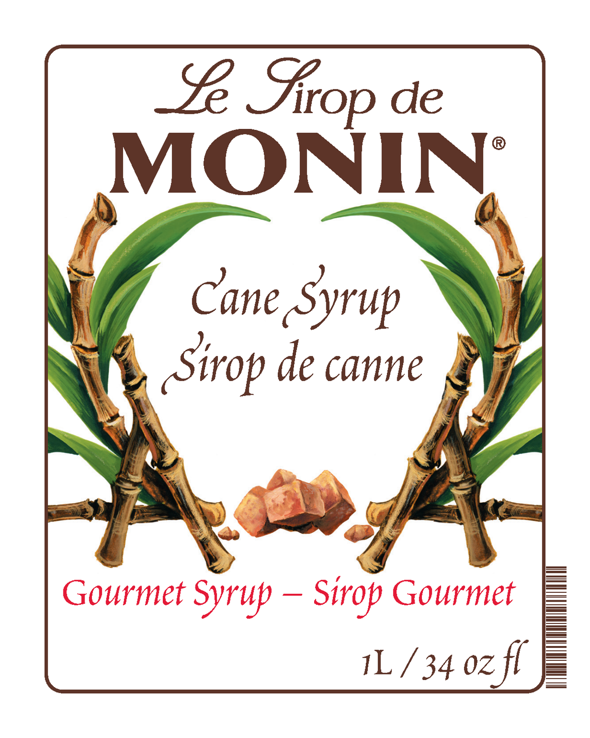 A 1L bottle label of Monin Cane Syrup (Sirop de Canne), featuring the brand name and flavour, placed against a white background.