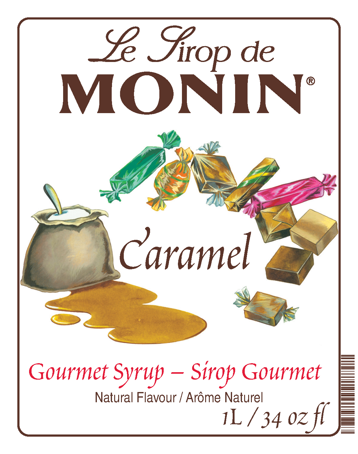 A 1L bottle label of Monin Caramel Syrup, featuring the brand name and flavour, placed against a white background