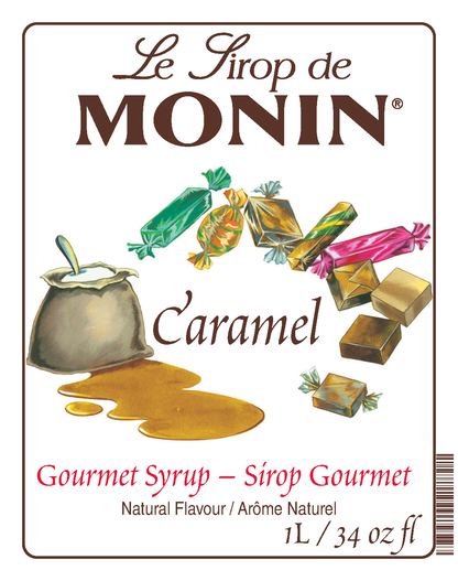 A 1L bottle label of Monin Caramel Syrup, featuring the brand name and flavour, placed against a white background