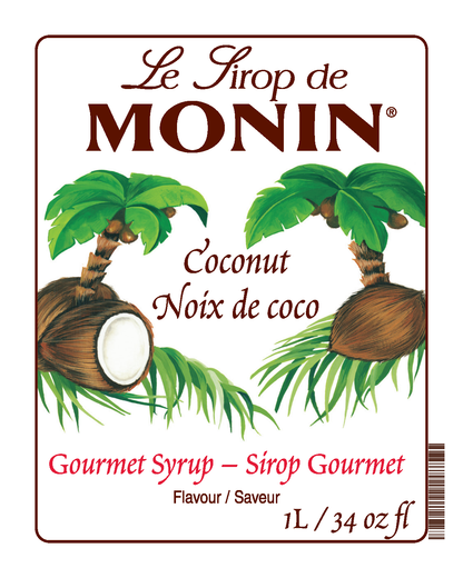 A 1L bottle label of Monin Coconut Syrup (Noix de coco), featuring the brand name and flavour, placed against a white background.