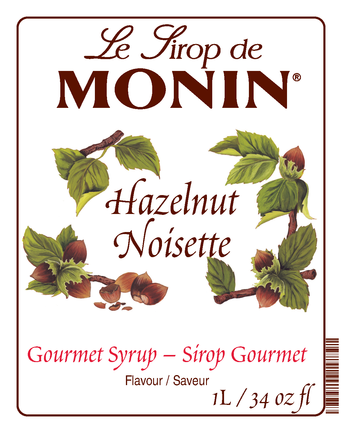 A 1L bottle label of Monin Hazelnut Syrup (Noisette), featuring the brand name and flavour, placed against a white background