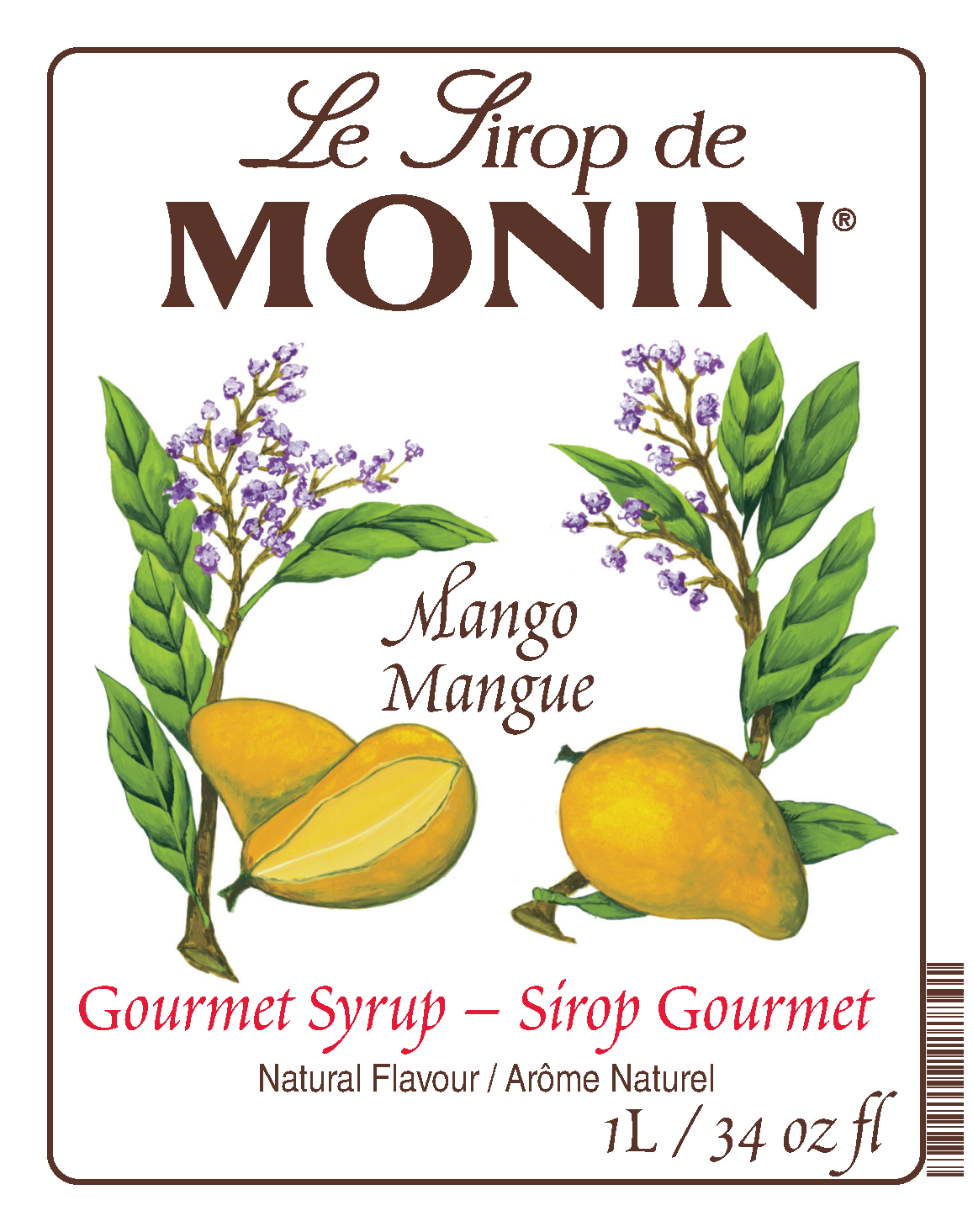 Front label of Monin Mango Mangue syrup, showing illustrated mangoes, leaves, and purple blossoms on a white background.