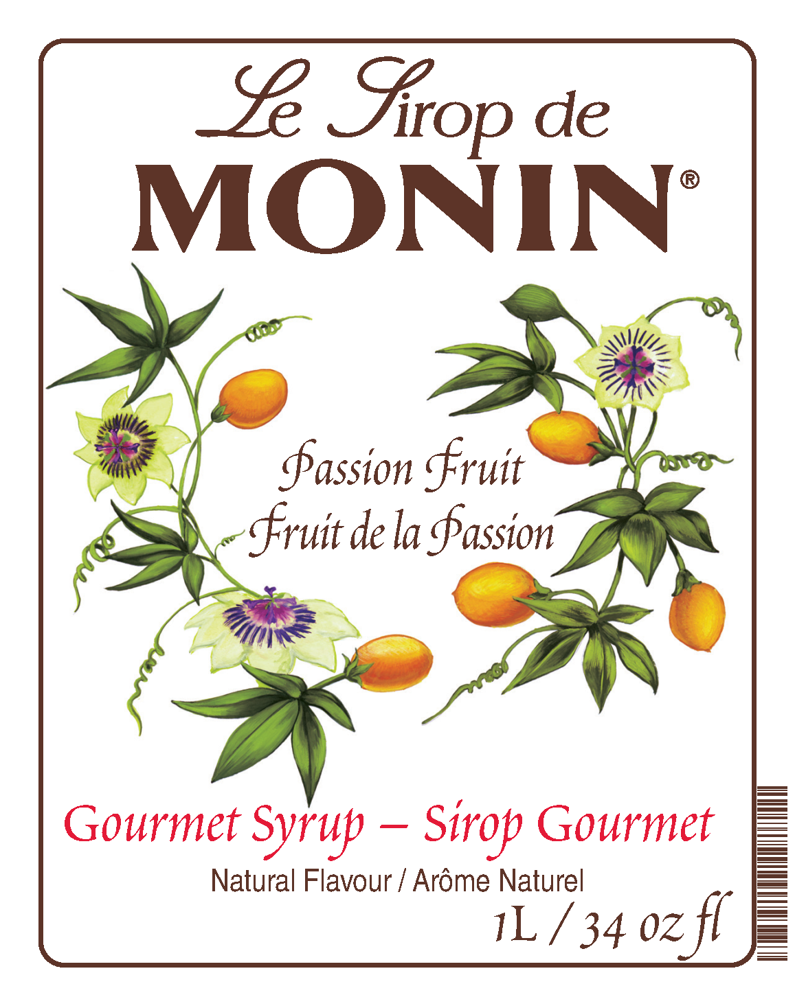 A 1L bottle label of Monin Passion fruit Syrup, featuring the brand name and flavour, placed against a white background