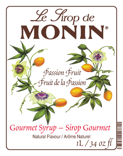 A 1L bottle label of Monin Passion fruit Syrup, featuring the brand name and flavour, placed against a white background