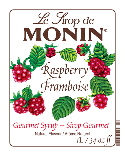 A 1L bottle label of Monin Raspberry Syrup (Framboise), featuring the brand name and flavour, placed against a white background.