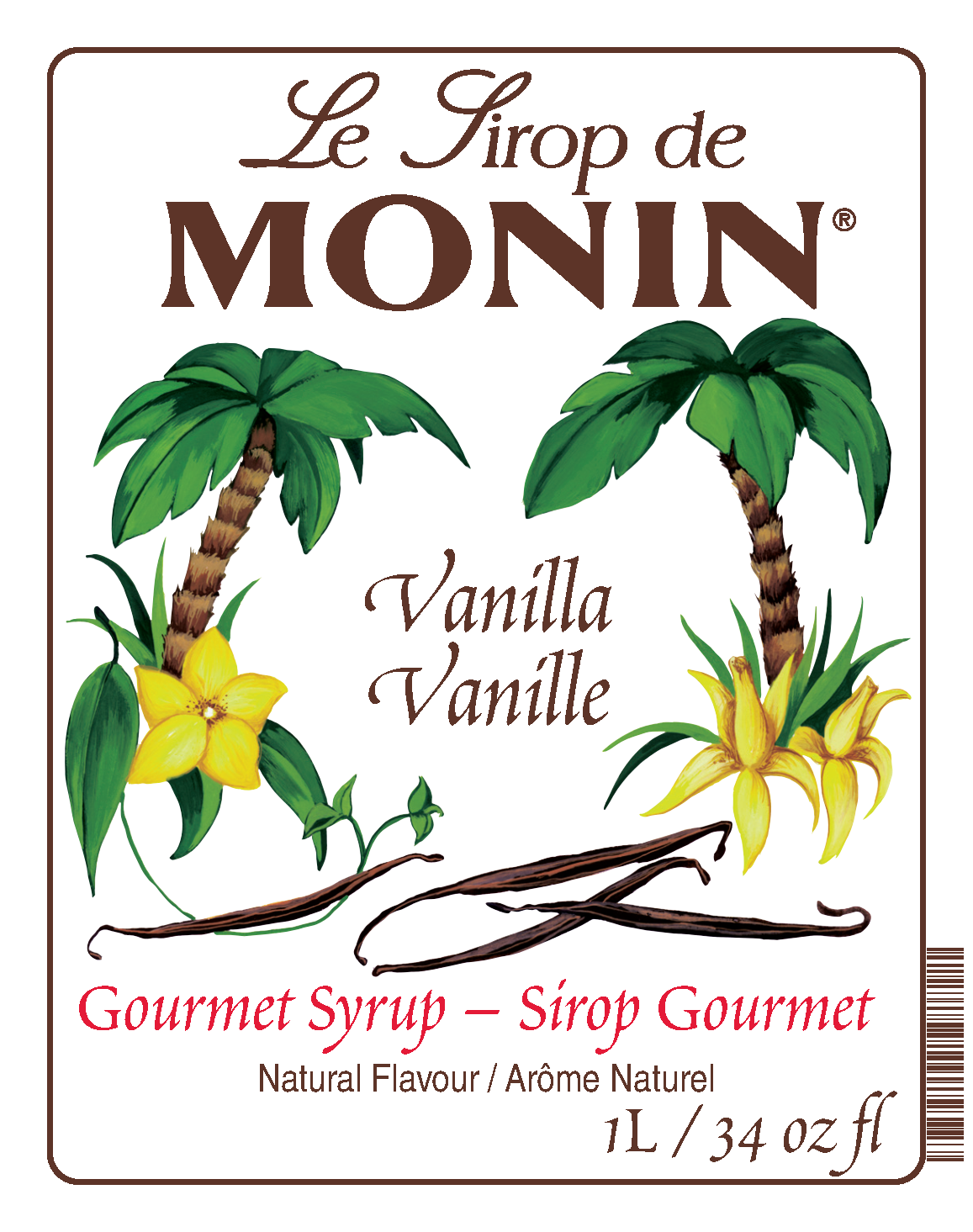 A 1L bottle label of Monin Vanilla Syrup (Vanille), featuring the brand name and flavour, placed against a white background