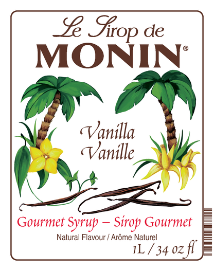 A 1L bottle label of Monin Vanilla Syrup (Vanille), featuring the brand name and flavour, placed against a white background