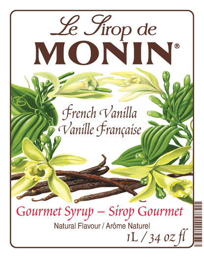 Front label of Monin French Vanilla Sy, showing vanilla flowers, leaves, and vanilla beans on a white background.