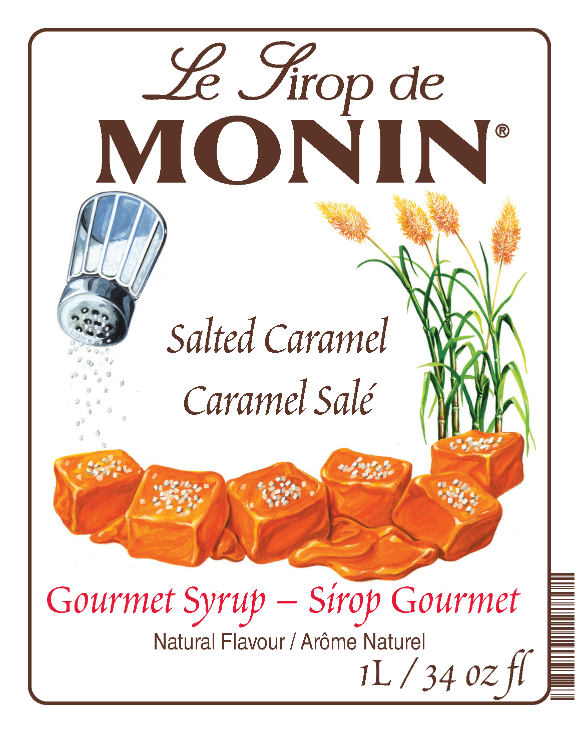 1L Monin Salted Caramel Syrup product label with salt and caramel illustrations