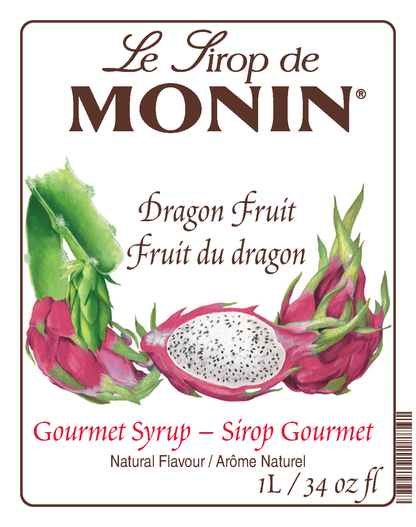 Front label of Monin Dragon Fruit Syrup, featuring illustrations of dragon fruit and bilingual text on a white background.