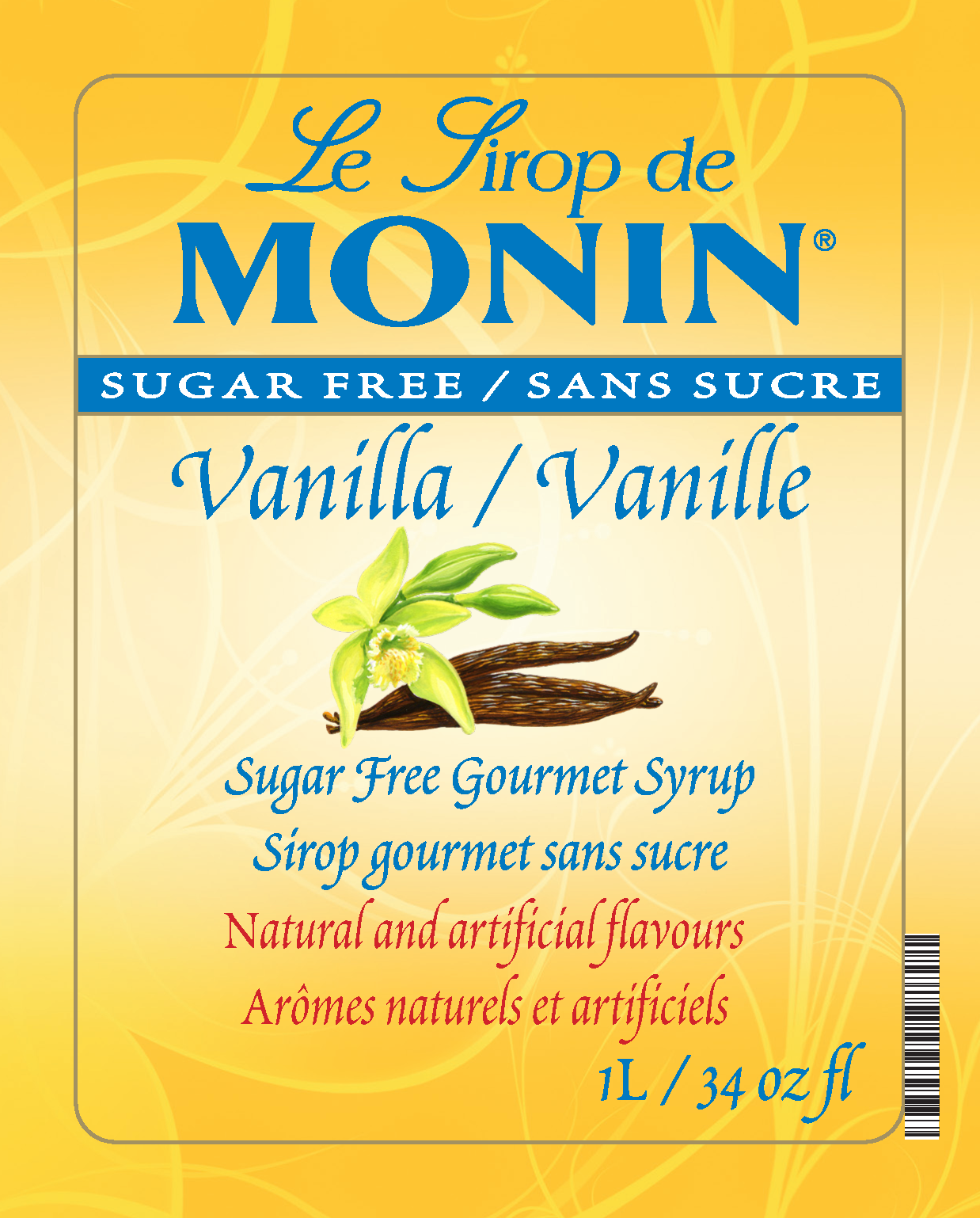 A 1L bottle label of Monin Sugar Free Vanilla Syrup (Vanille Sans Sucre), featuring the brand name and flavour, placed against a white background