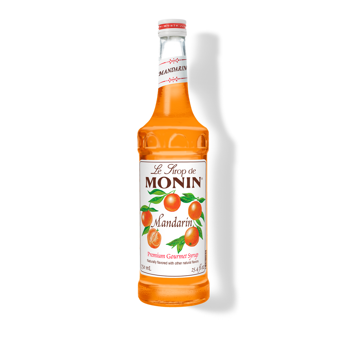 A bottle of Monin Mandarin Syrup with a label showing the brand name and the flavor, placed against a white background.