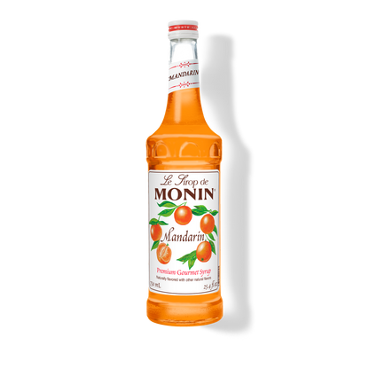 A bottle of Monin Mandarin Syrup with a label showing the brand name and the flavor, placed against a white background.