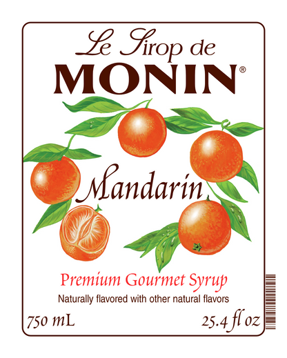 Front label of Monin Mandarin Syrup, featuring the brand name and flavour, placed against a white background.