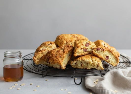 Maple bacon scones made with Monin Maple Pancake Syrup, baked until golden brown and served fresh for a sweet and savoury breakfast or brunch.