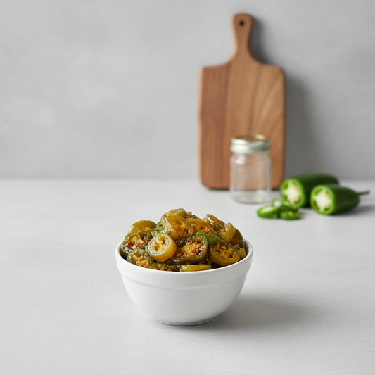 Maple Spice Candied jalapeno slices in a white bowl, showcasing Maple Spice Syrup as a sweet and spicy topping for appetizers, burgers, sandwiches, and charcuterie boards.