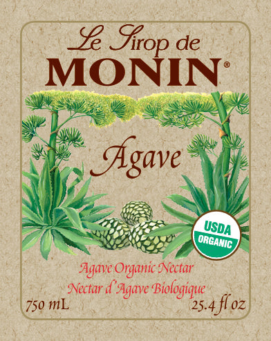 A 750mL bottle label of Monin Organic Agave Nectar, featuring the brand name and flavour, placed against a white background