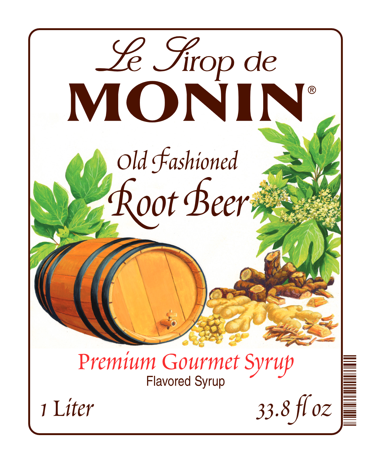 Front label of Monin Old Fashioned Root Beer Syrup, featuring the brand name and flavour, placed against a white background