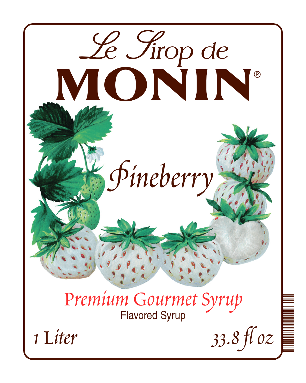 Front label of Monin Pineberry Syrup, featuring the brand name and flavour, placed against a white background. 
