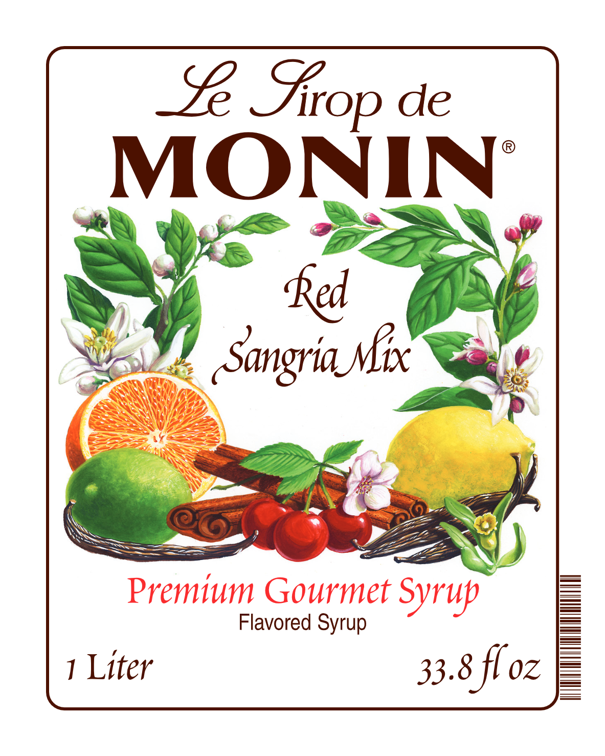 Front label of Monin Red Sandria Mix Syrup, featuring the brand name and flavour, placed against a white background