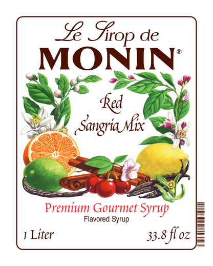Front label of Monin Red Sandria Mix Syrup, featuring the brand name and flavour, placed against a white background