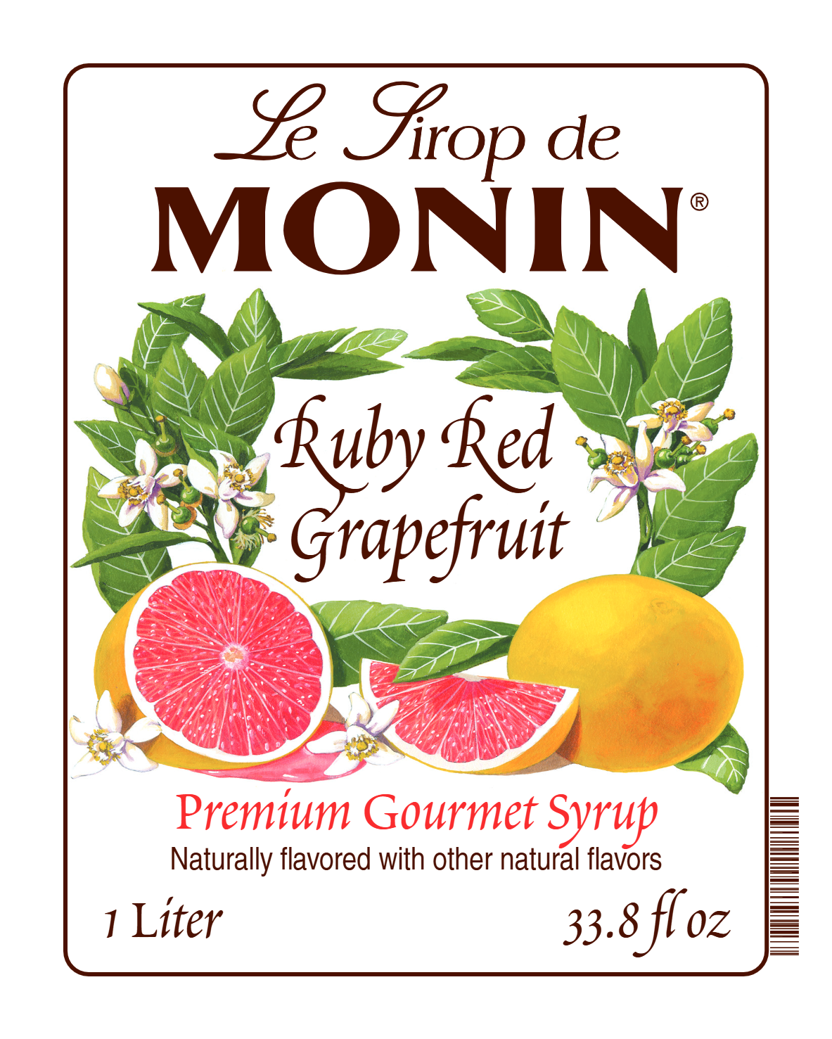 Monin Ruby Red Grapefruit Syrup label with pink grapefruit, leaves and blossoms