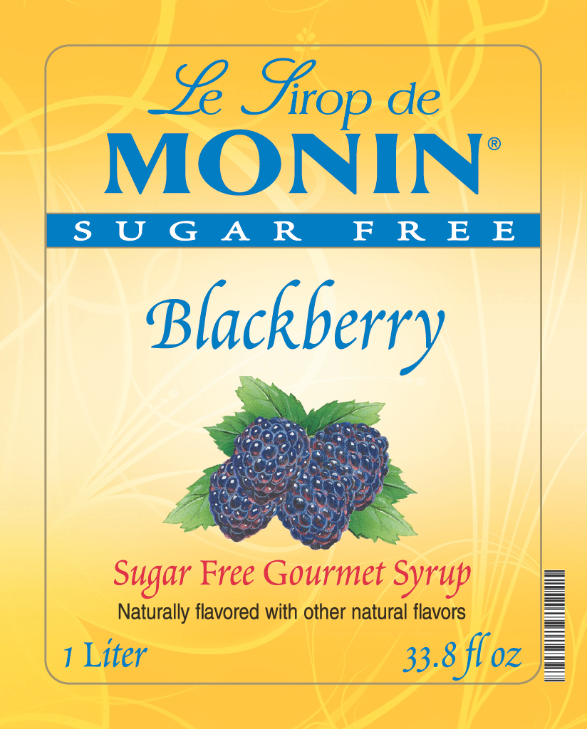 Label of Monin Sugar Free Blackberry Syrup showing blackberries and the text 'Blackberry' on it.