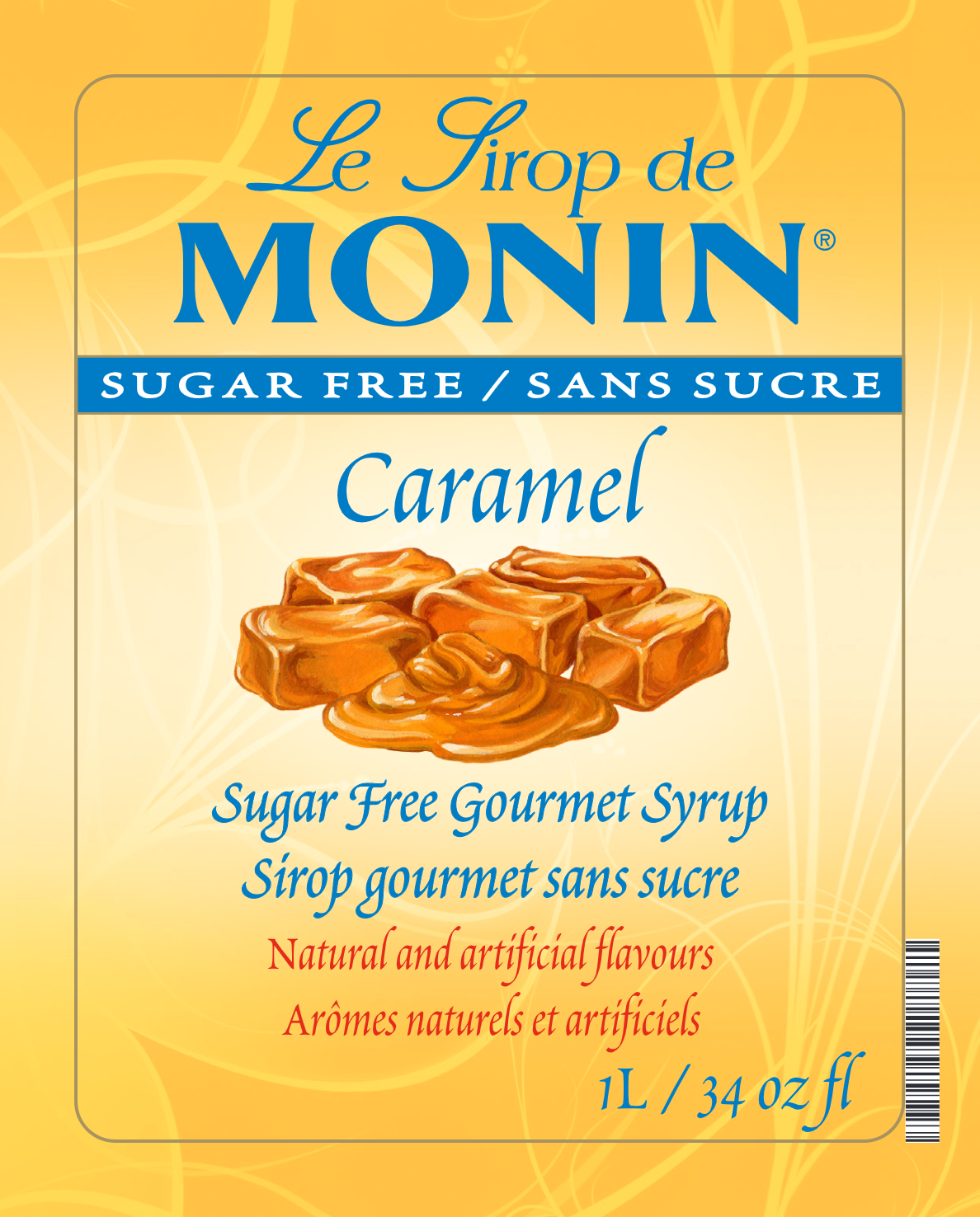 Monin Sugar Free Caramel Syrup label showing a piece of caramel candy