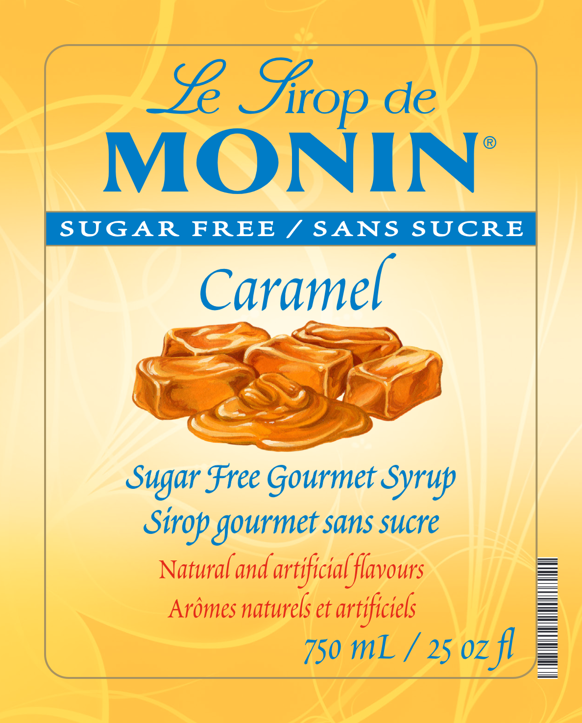 Monin Sugar Free Caramel Syrup label showing a piece of caramel candy