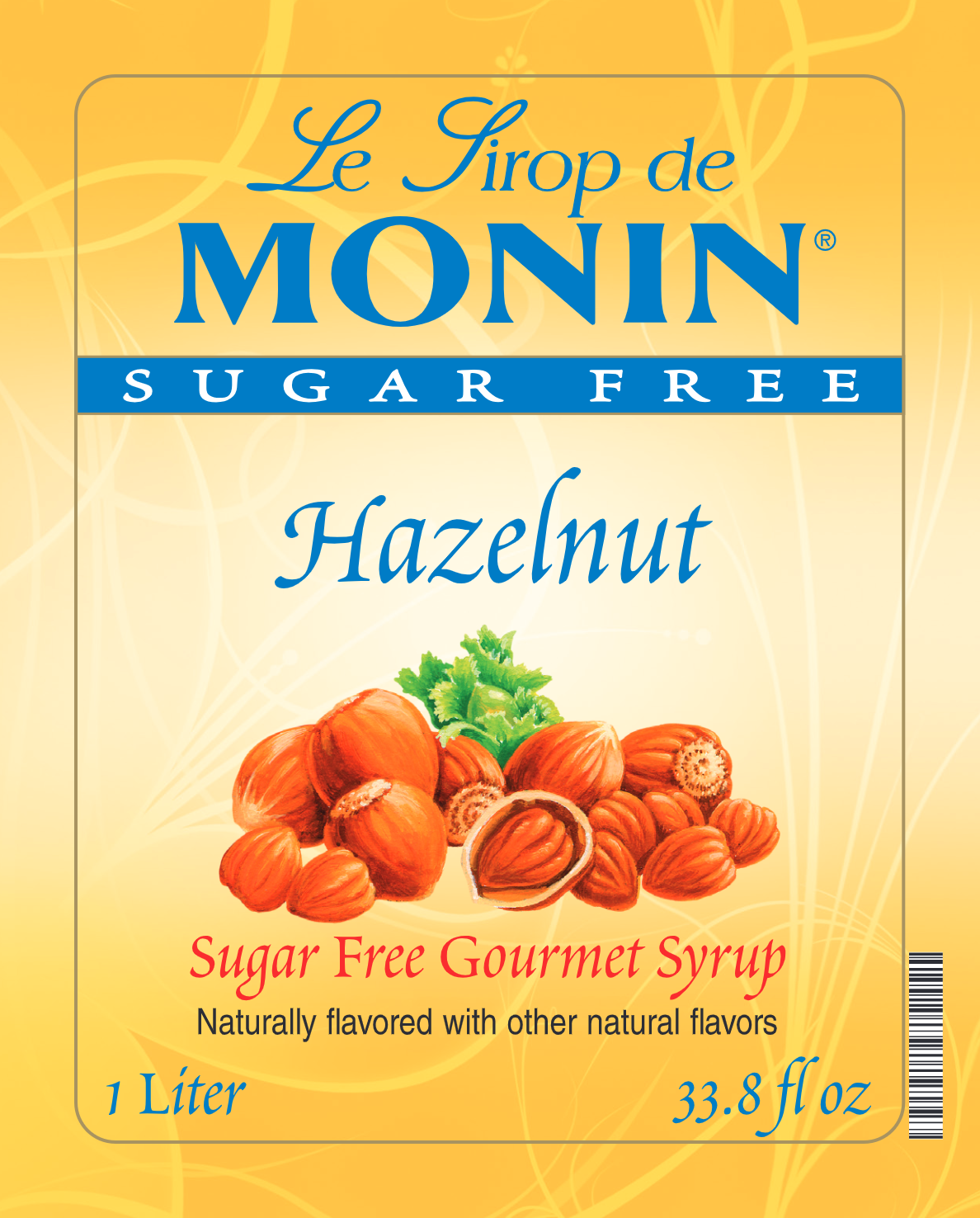 Front label of Monin Sugar Free Hazelnut syrup, with a yellow background, blue brand text, and an illustration of hazelnuts.