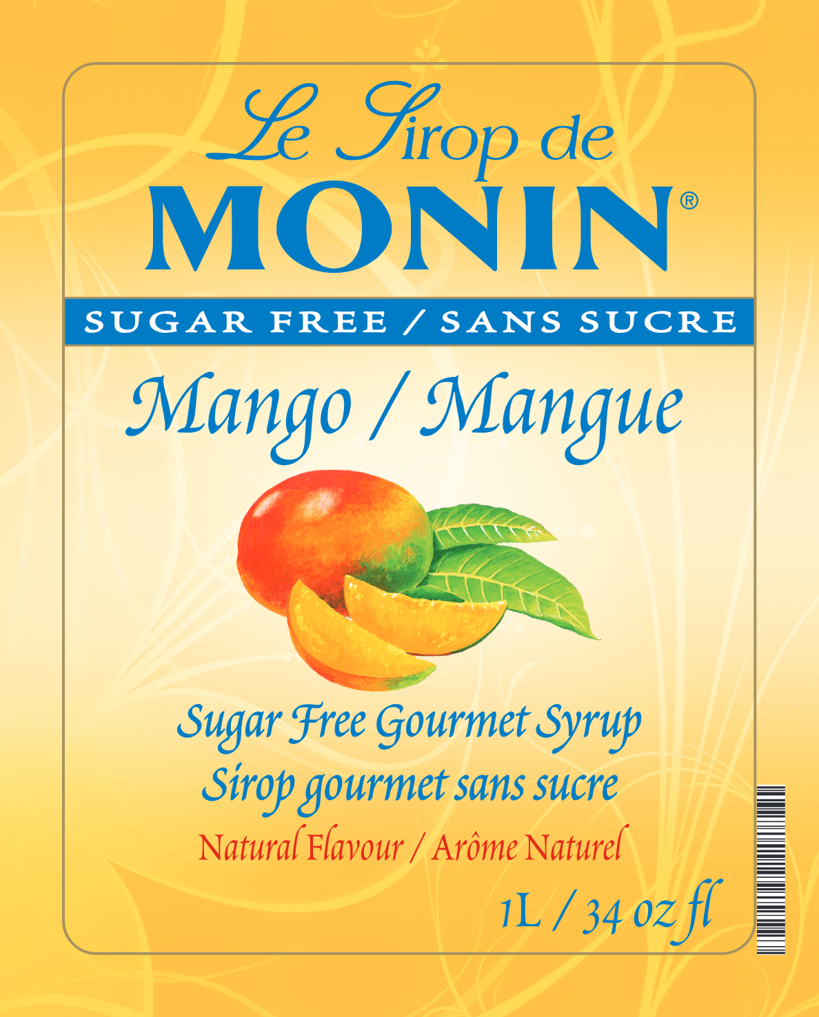 Monin sugar free Mango syrup bottle label, with a blue brand text, and mango slice illustration.