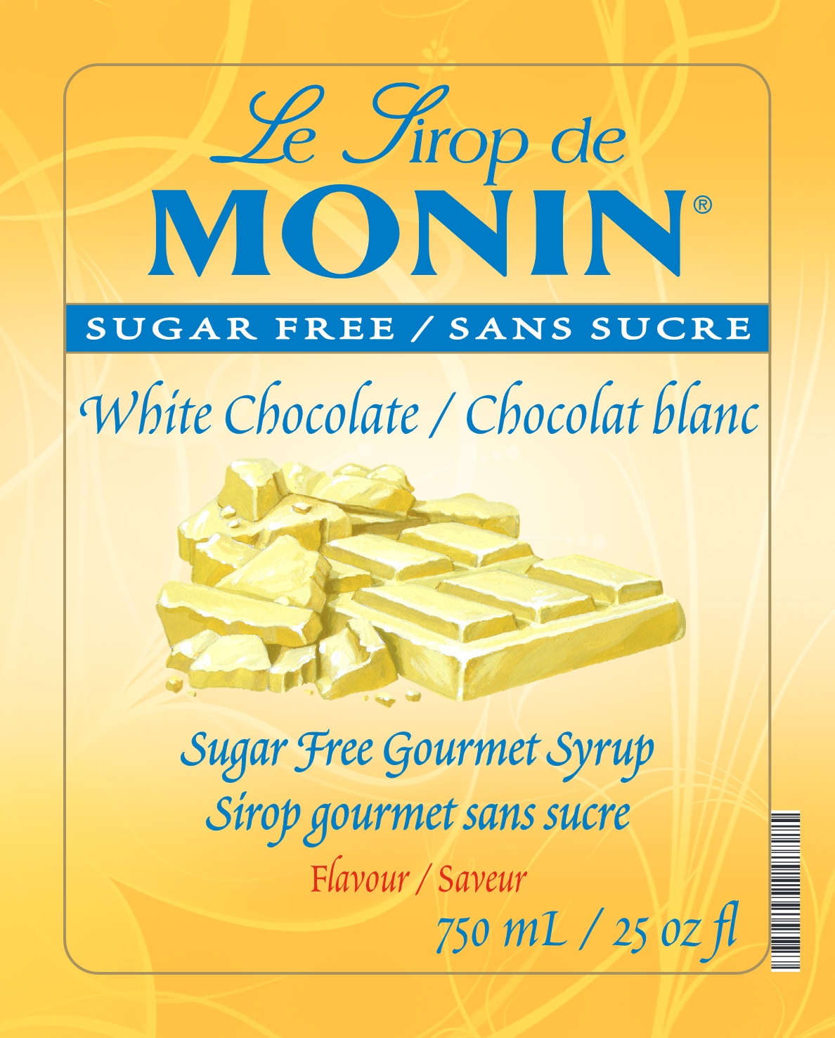 Monin Sugar Free White Chocolate Syrup label showing the brand name and the flavor