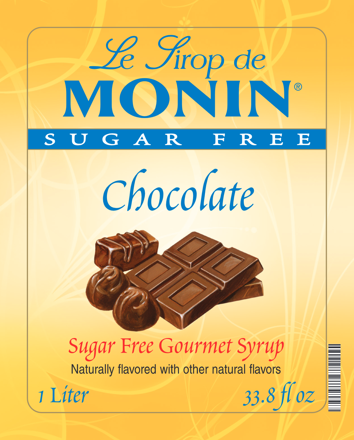 Front of Monin Sugar Free Chocolate syrup package, showing a yellow label with blue and red text and an illustration of chocolate bars and chocolates.
