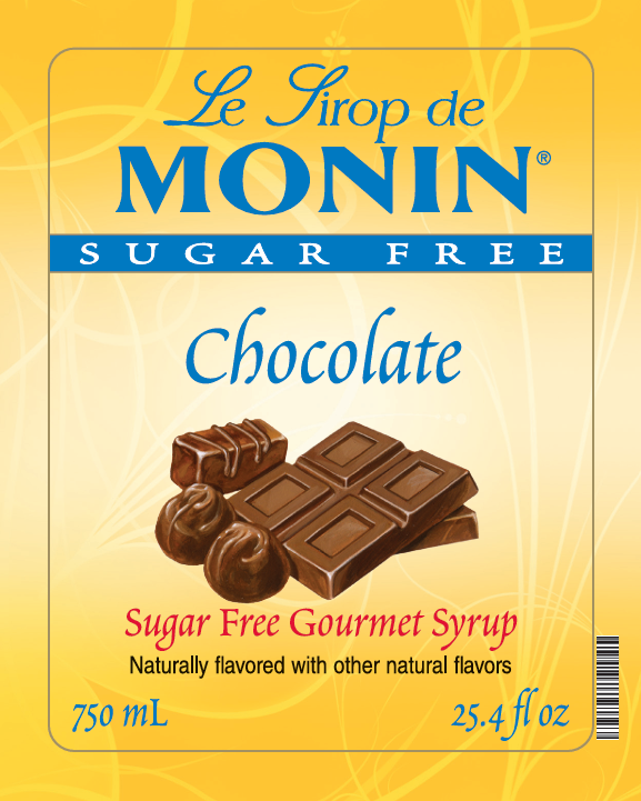 Front of Monin Sugar Free Chocolate syrup package, showing a yellow label with blue and red text and an illustration of chocolate bars and chocolates.
