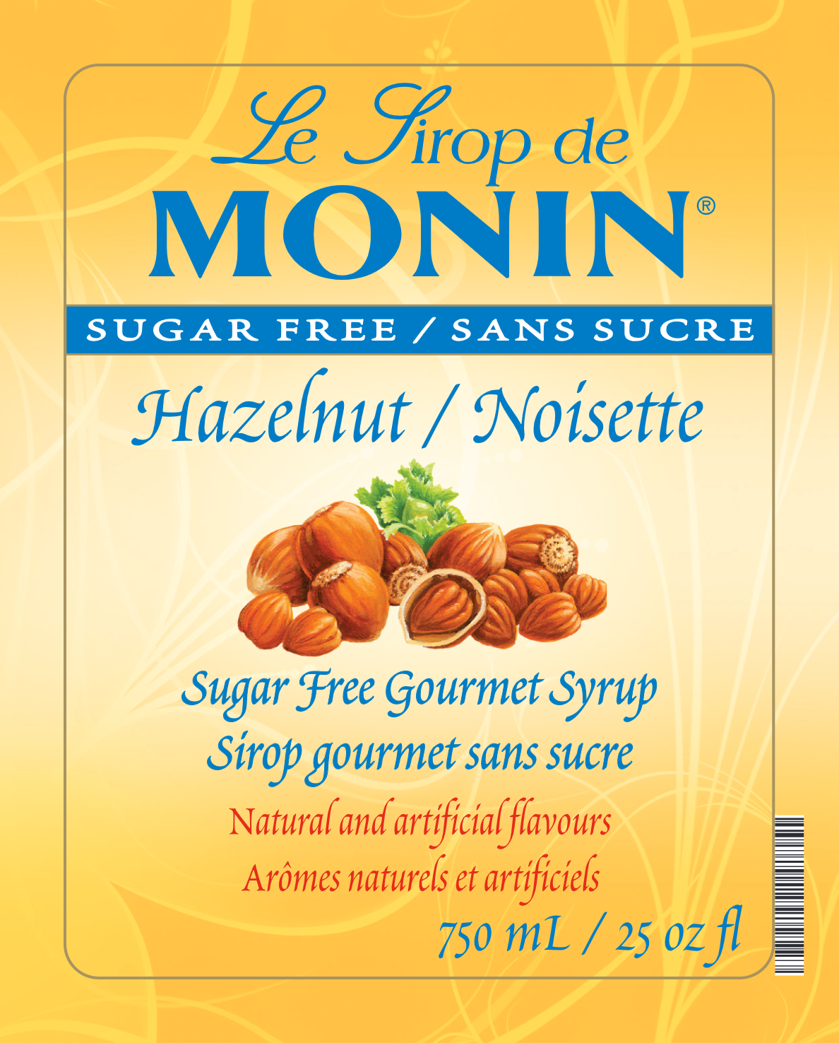 Front label of Monin Sugar Free Hazelnut syrup, with a yellow background, blue brand text, and an illustration of hazelnuts.